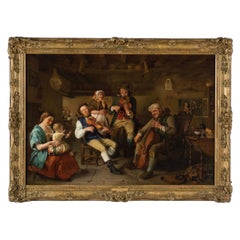 Huile sur toile encadrée du 19ème siècle représentant une « Compagnie musicale » par Hugh Collins