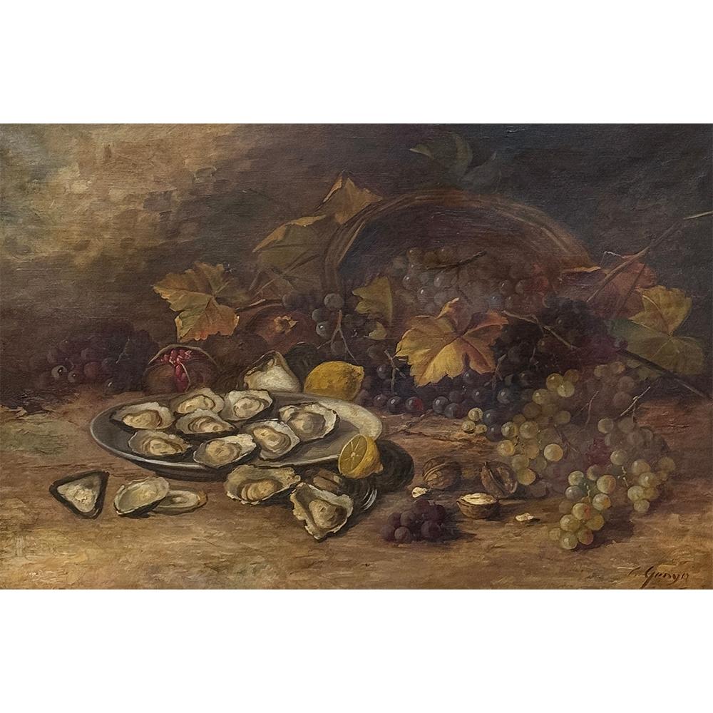 Óleo sobre lienzo del siglo XIX enmarcado de Naturaleza muerta es una obra intrigante, firmada por el artista aún no identificado.  Representando una combinación de técnicas, el artista ha mezclado hábilmente la paleta de colores en la transición