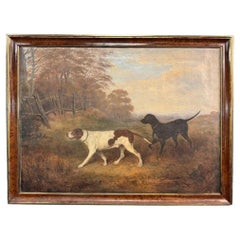 Huile sur toile encadrée du 19e siècle représentant des chiens de chasse à l'affût