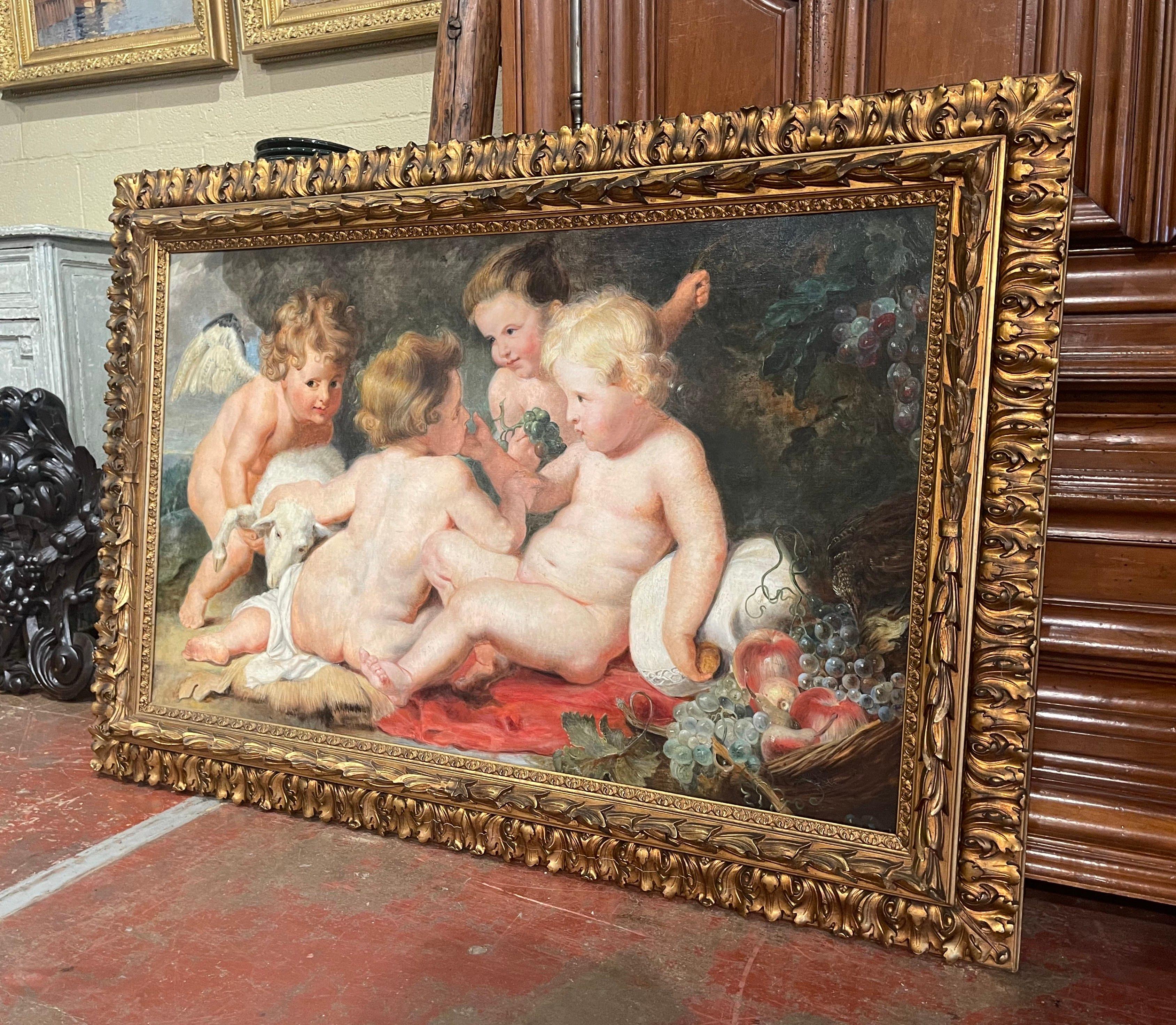 Decorate a wall with this cheerful and colorful antique painting. Created in Austria circa 1860 and set in the original carved gilt wood frame, the artwork features an allegory representing baby Jesus, John the Baptist and cherubs after Sir Peter