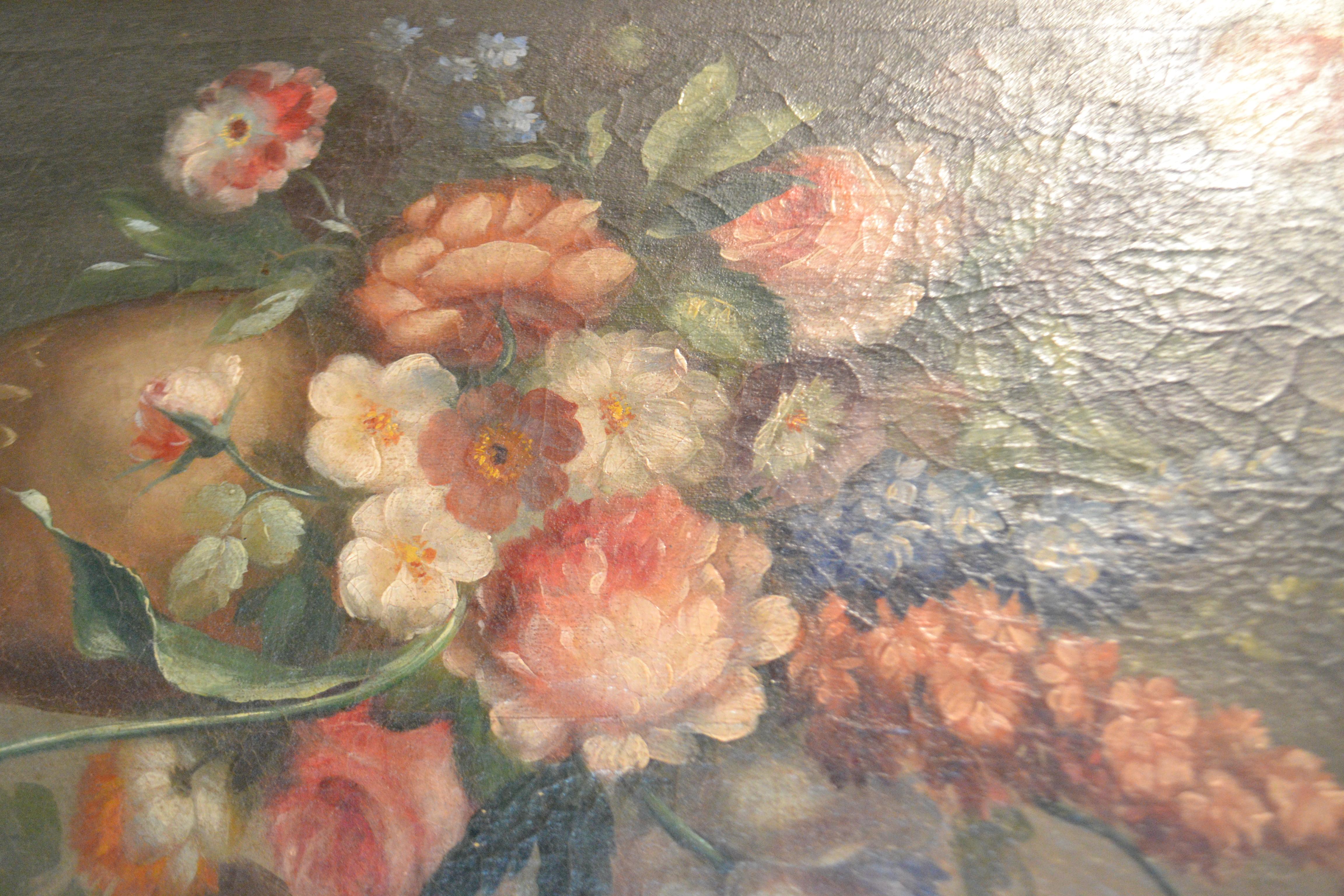 European 19th Century Framed Oil Painting of Flowers