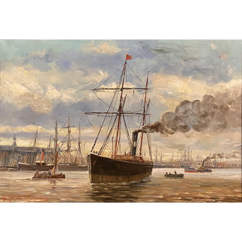 Cette peinture à l'huile sur toile encadrée du 19e siècle, réalisée par Albert Jaboneau (1855- ?), représente une scène portuaire animée à Anvers, en France, à la fin du 19e siècle. Elle montre les navires 