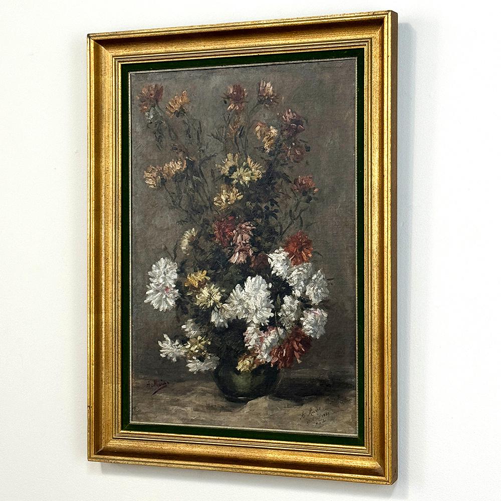 Hand-Painted 19th Century Framed Oil Painting on Canvas by A. Marie dated 1889 For Sale