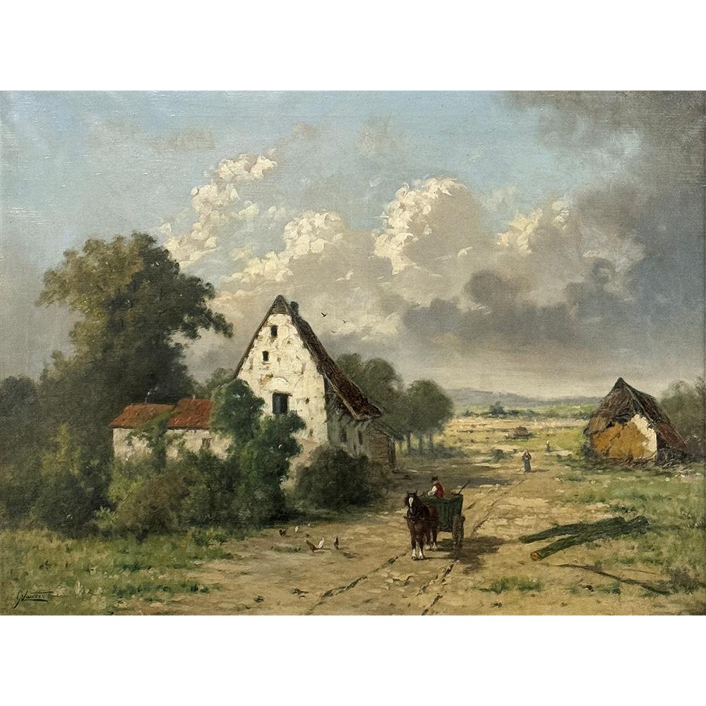 19th Century Framed Oil Painting on Canvas by Guillaume Lauters (1809–1889) is a particularly interesting work by the artist, known for his grand landscapes.  Here he has created the landscape as a backdrop for the added influence of rural life and