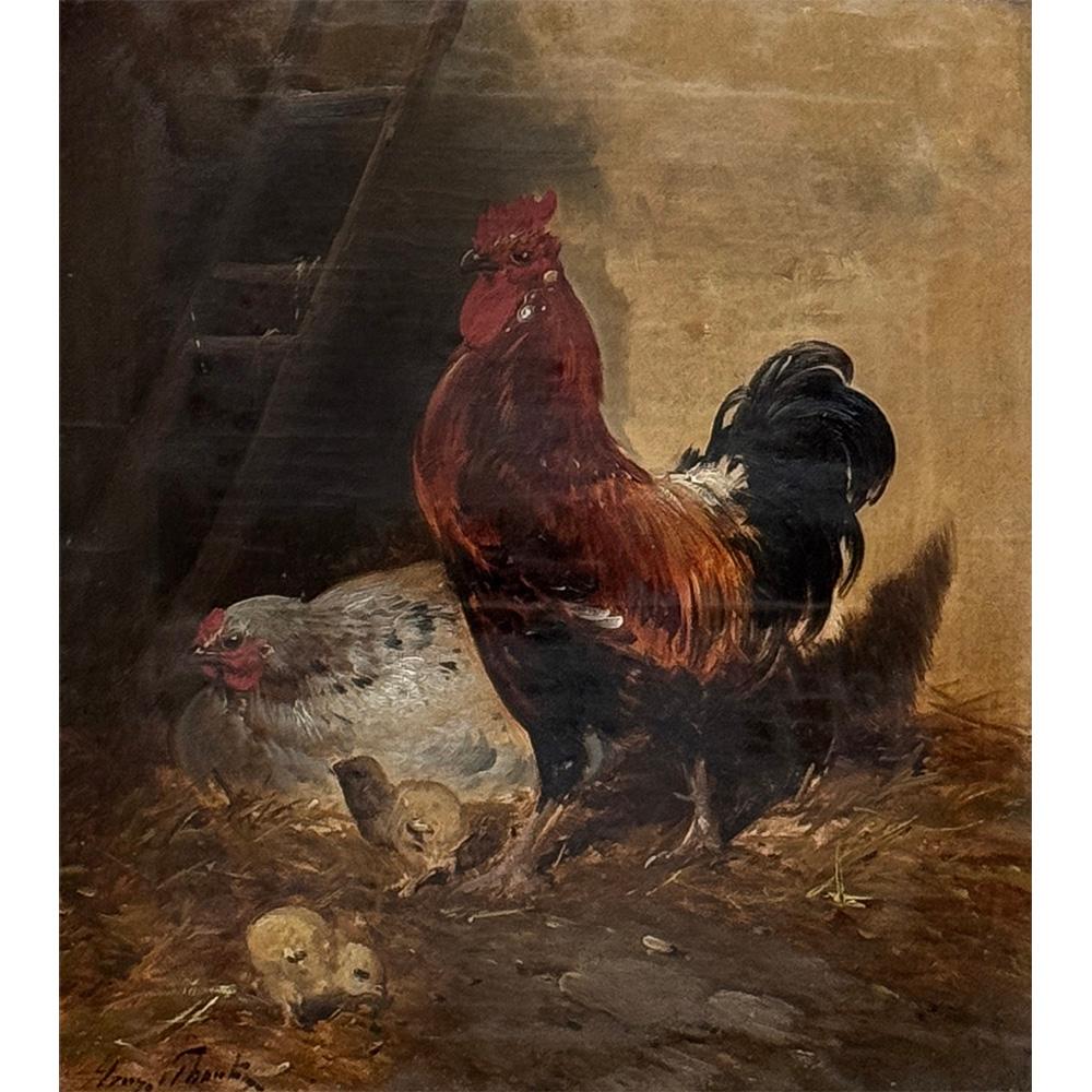 Cette peinture à l'huile sur toile encadrée du XIXe siècle, réalisée par Henry Schouten (1857-1927), est un merveilleux exemple de l'œuvre de l'artiste. Elle représente un coq vigilant qui monte la garde sur sa poule et ses poussins.  Notez le