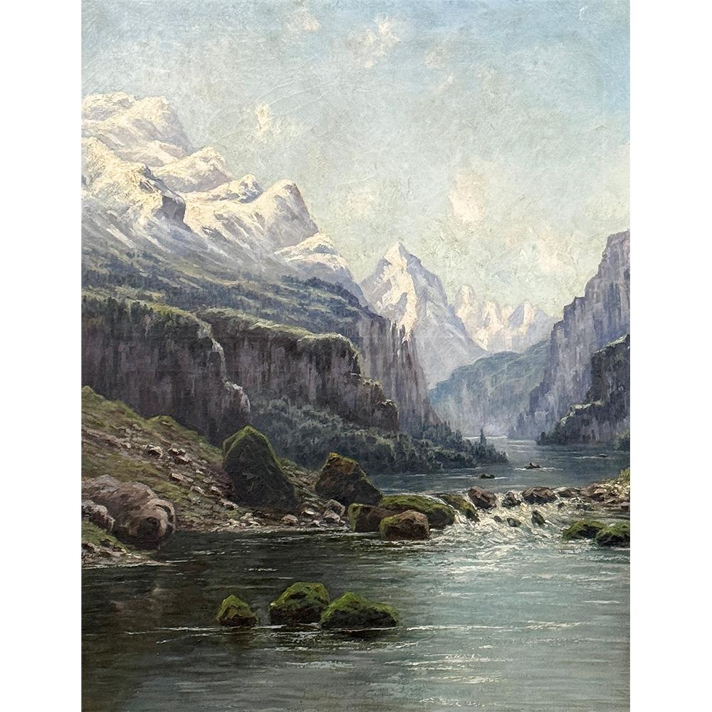 19th Century Framed Oil Painting on Canvas by L. Delderenne (1864-1921) is a captivating view of the Alps that provided the artist with inspiration to immortalize the scene.  The snowmelt from the peaks in the background creates the rocky creek that