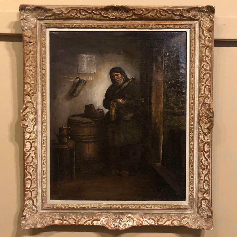 19th Century framed oil painting on canvas by Schneller is believed to be Austrian in origin, and features a humble rural hunter in a rustic dwelling holding a horn. Note the artist's use of light to highlight the peaceful countenance of his