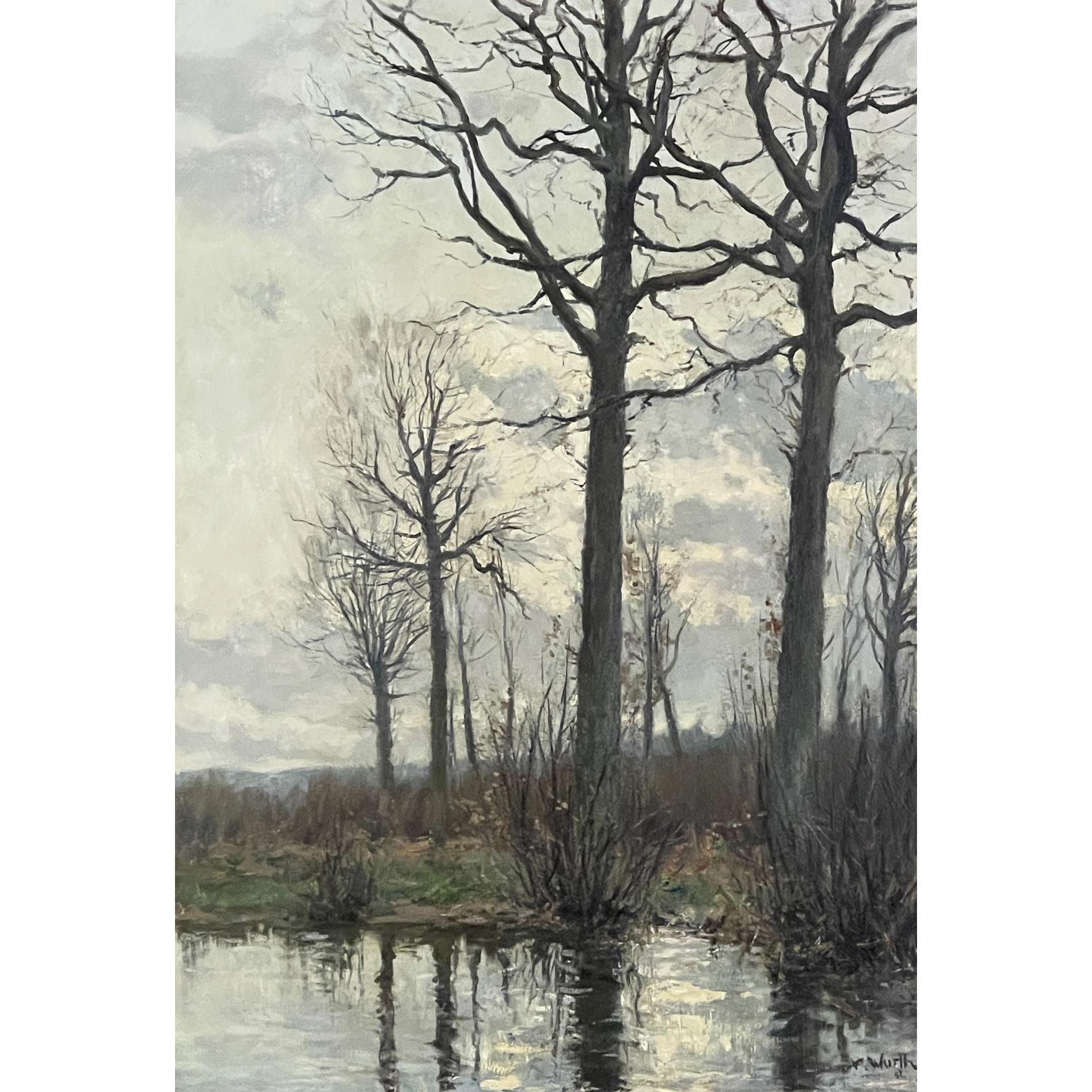 19ème siècle Huile sur toile encadrée de Xavier Wurth (1869-1933) est un exemple inhabituel de l'œuvre de l'artiste, étant un paysage orienté verticalement d'une scène pastorale de plaine. L'eau de la composition occupe toute la partie inférieure de