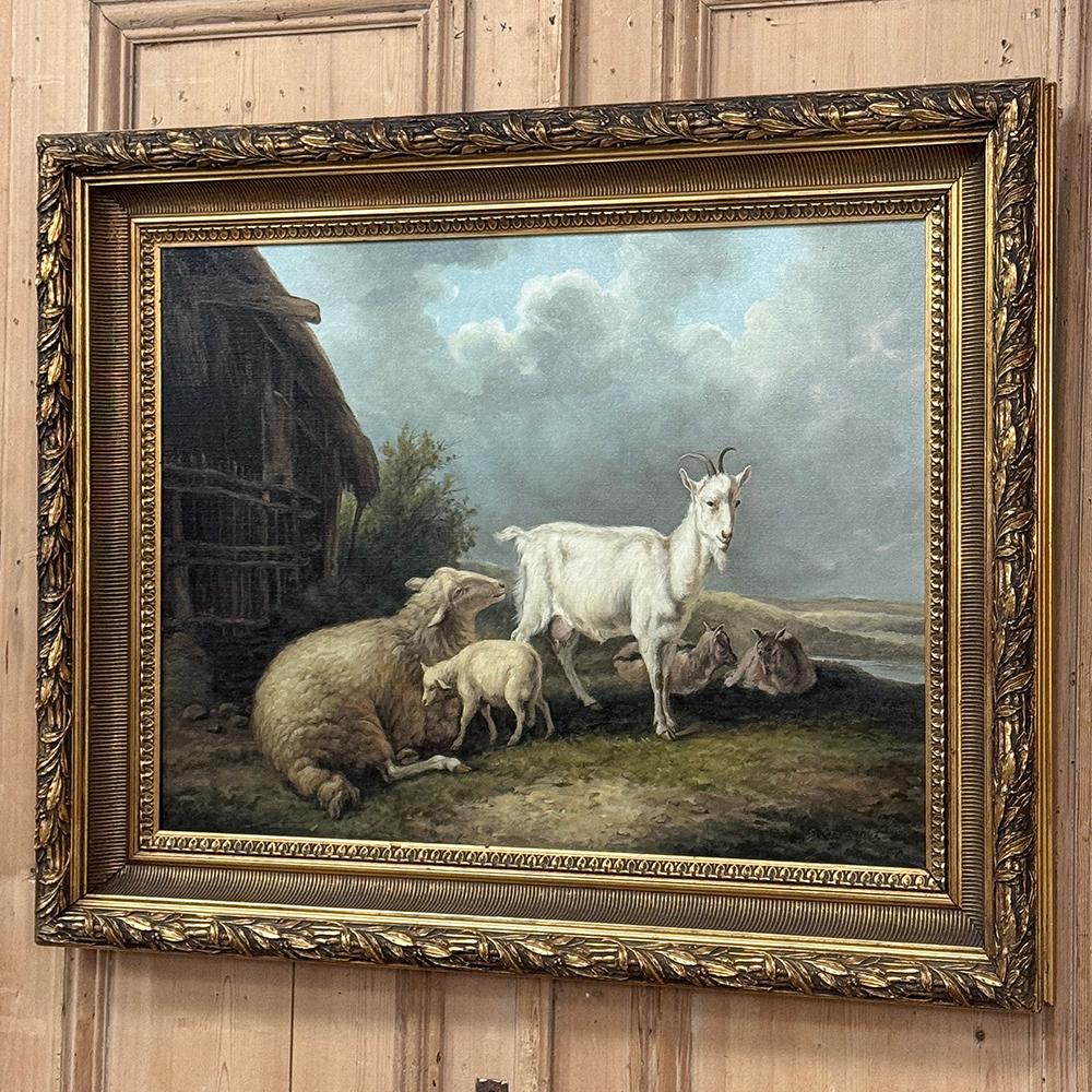 Hand-Painted 19th Century Framed Oil Painting on Canvas -Standing Guard- signed G. Dewyse For Sale