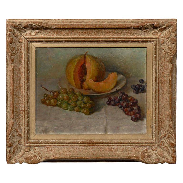 Nature morte à l'huile encadrée du 19e siècle représentant des fruits, des raisins et un melon