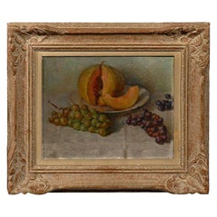 19th Century Framed Oil Still Life Painting of Fruit, Grapes, and Melon