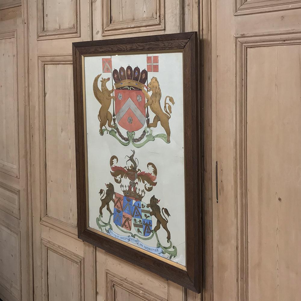 Paper 19th Century Framed Hand Painted Painting of Family Crests For Sale