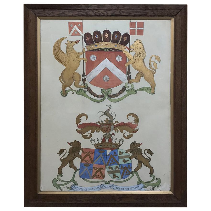 19th Century Framed Hand Painted Painting of Family Crests For Sale