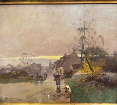 Pittura ad olio pastorale del XIX secolo incorniciata, firmata E Lefevre per E. Galien-Laloue