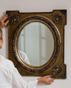 19th Century France Antique Brass Repousse Brass Oval Mirror