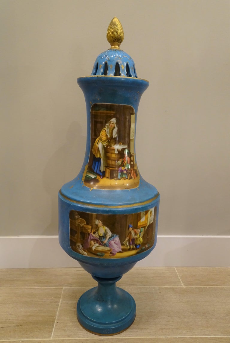 French 19th century France blue Porcelain Vase, centerpiece attributed to Sevrés For Sale