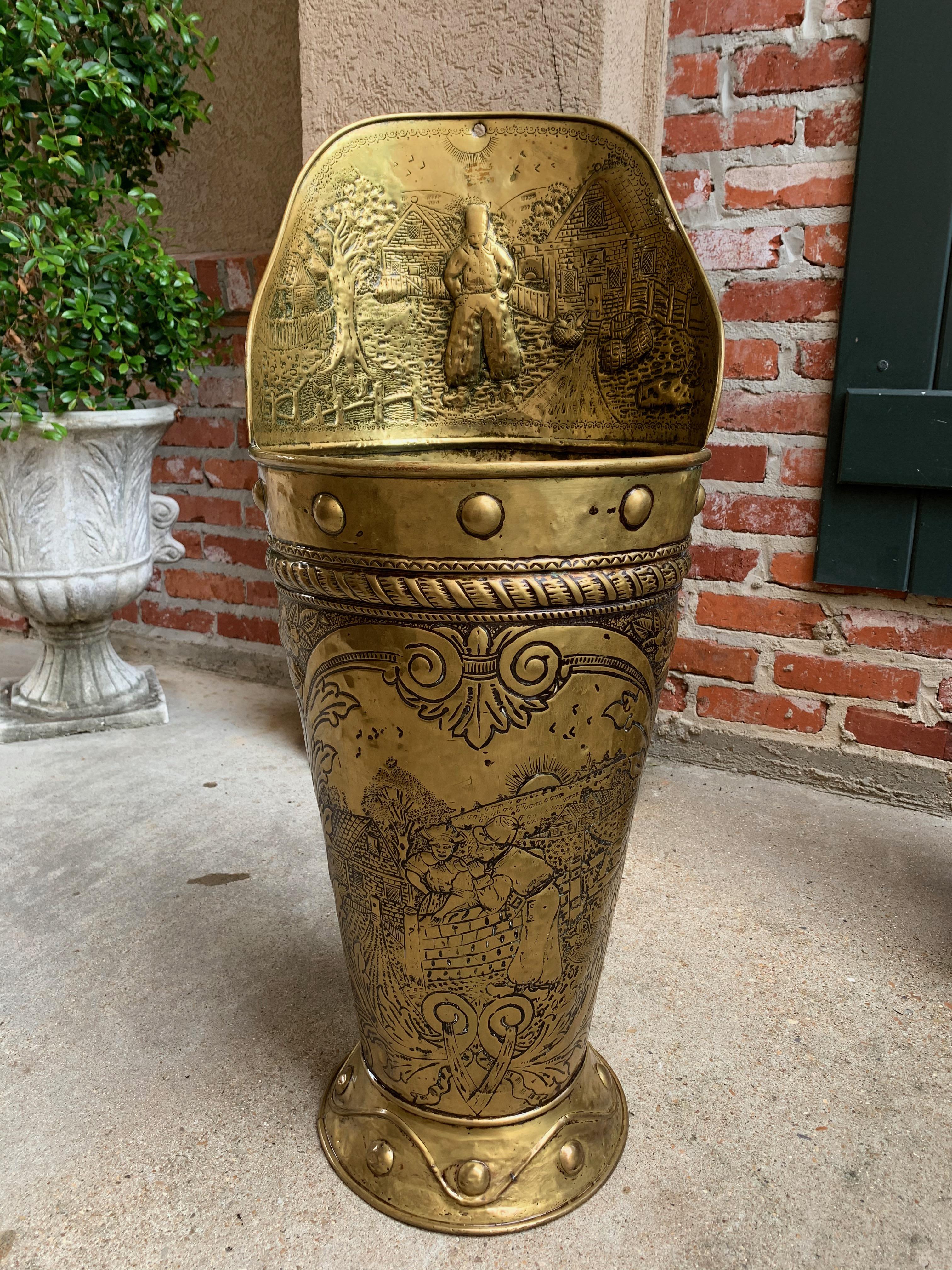 Direct from France, a stunning antique French vineyard bin, with gorgeous details and often, in today's home, repurposed as an umbrella/hall stand~
~Main body is completely covered with a beautiful scene of a sunrise over the field and a male/female