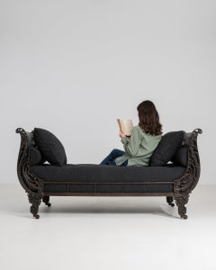 19th Century France Deep Ebony Black Carved Daybed With Upholstered Bolsters
