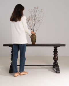 19th Century France Deep Ebony Black Carved Ebonized Trestle Table