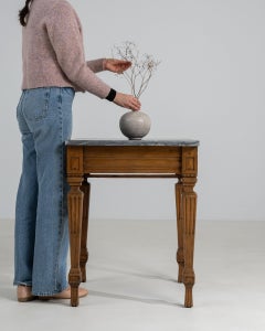 19th Century France Golden Oak Fluted-Leg Marble-Top Side Table