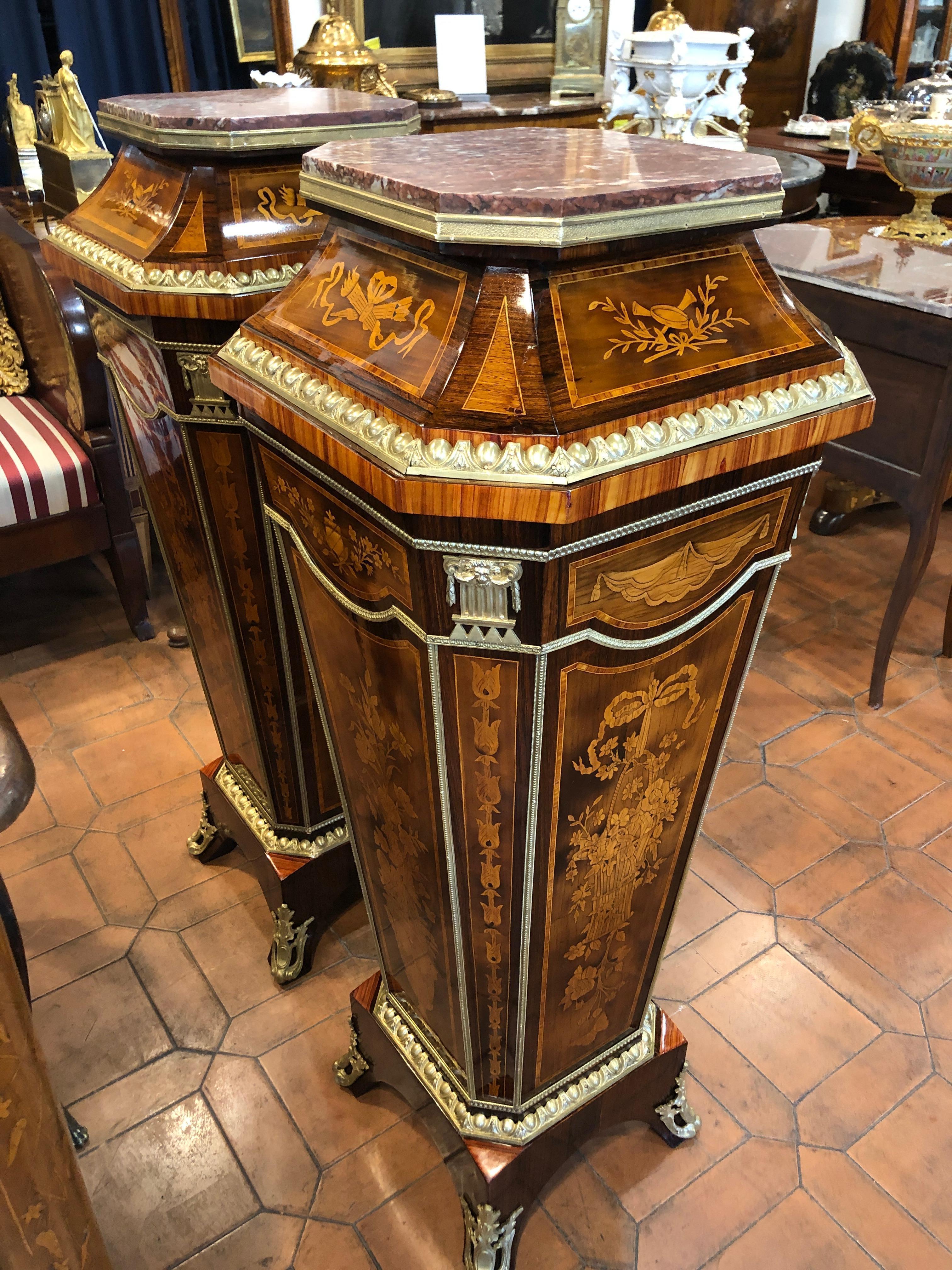 Fruitwood 19th Century France Louis XV Pair of Columns Marquetry Inlaid Pedestals, 1880s