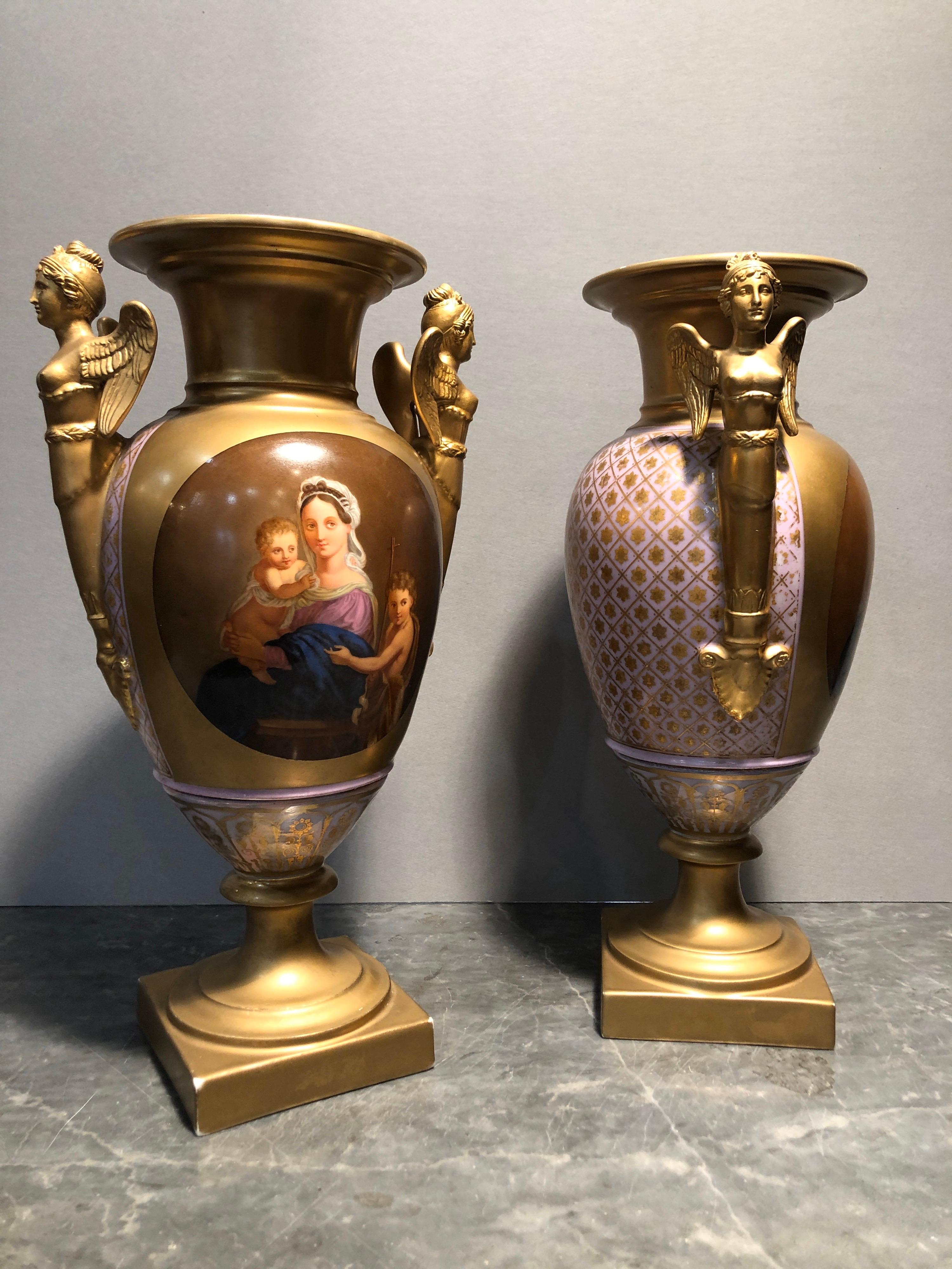 Pair of French vases, Old Paris, Louis Philippe, fantastic in form and painting, depicting sacred scenes. In excellent state of preservation.
