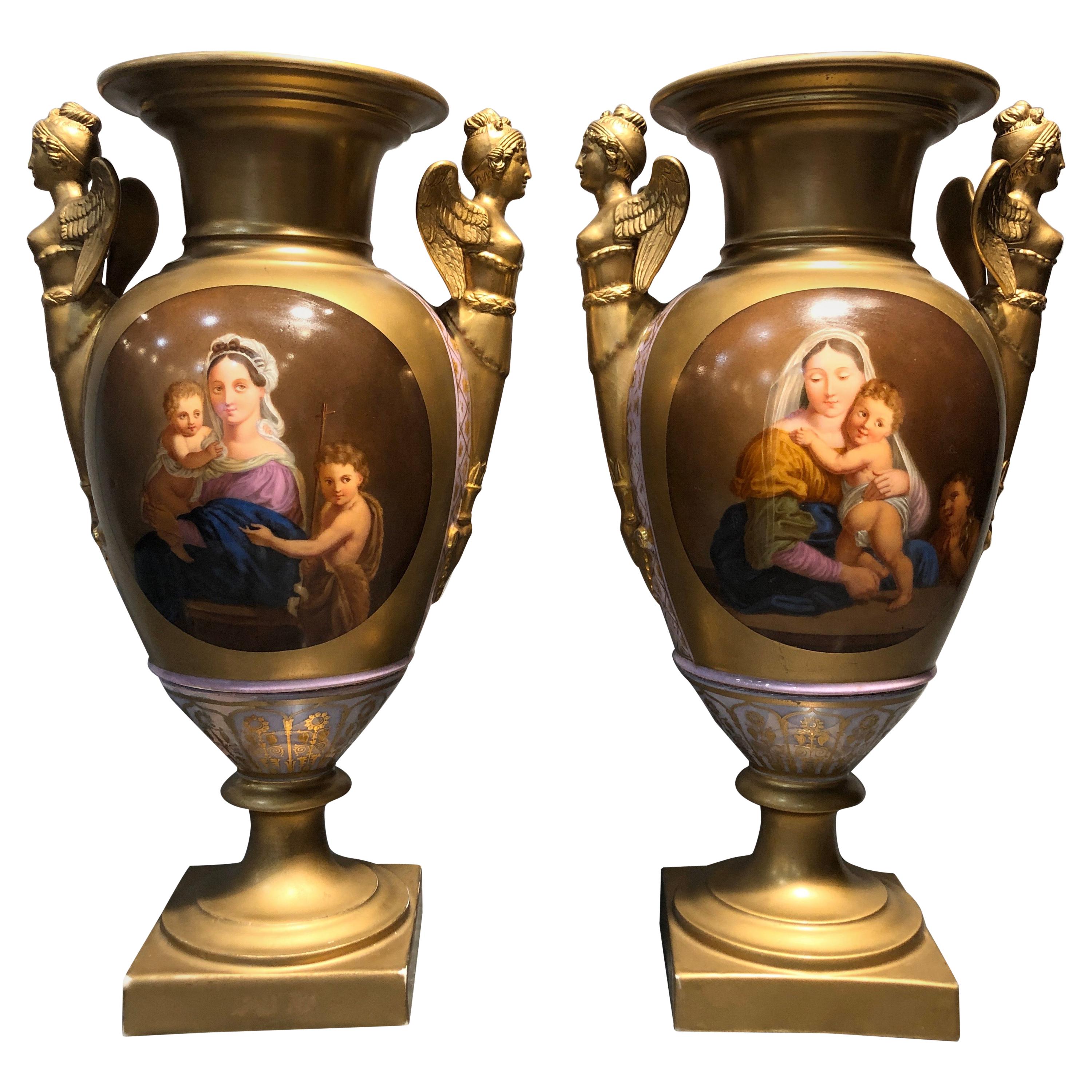 19th Century Pair of Porcelain Vases Hand Painted, 1840s For Sale
