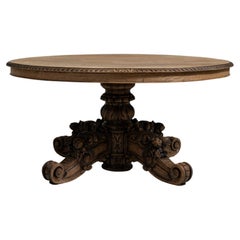 19th Century France Rich Walnut Brown Carved Walnut Round Table