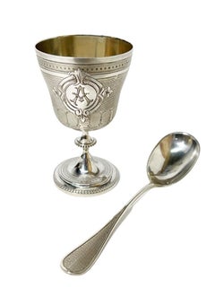 19th Century France Silver Boxed Egg Cup and Spoon by Pellerin & Lemoing