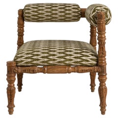 19th Century France Warm Sage Check Carved Wood Bench With Rolled Arm