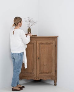 19th Century France Weathered Honey Oak Carved Oak Corner Cabinet