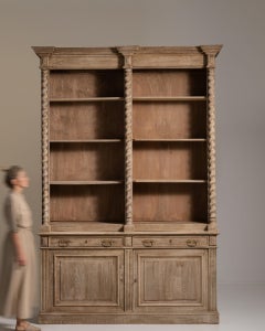 19th Century France Weathered Honey Oak Carved Oak Glazed Bookcase Hutch