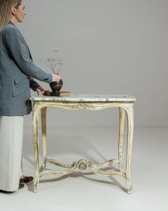 19th Century France Weathered Ivory Carved Painted Console Table