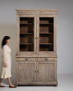 19th Century France Weathered Whitewash Cerused Oak Bookcase Cabinet