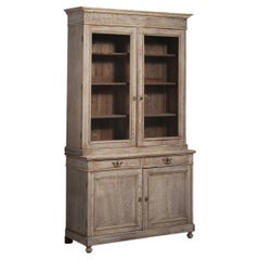 19th Century France Weathered Whitewash Cerused Oak Bookcase Cabinet