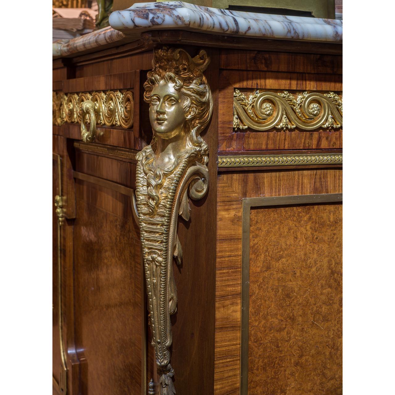 An Important 19th Century French Ormolu-Mounted Mahogany, Tulipwood and Amboyna Commode by François Linke
The villefranche de conflet marble top above a frieze set with three drawers with Vitruvian and foliate scrolls, over a cabinet with two