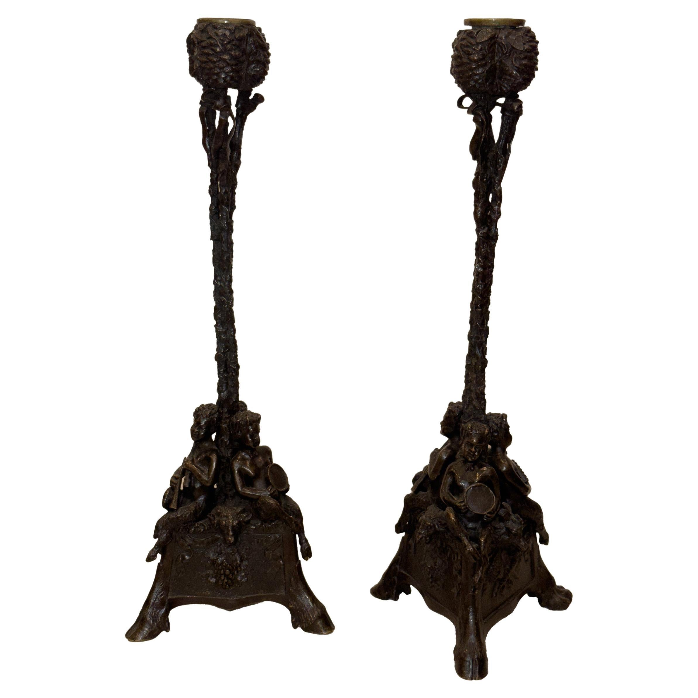 Original Fratin Bronze Pair of Satyrs Candelholder 19th Century