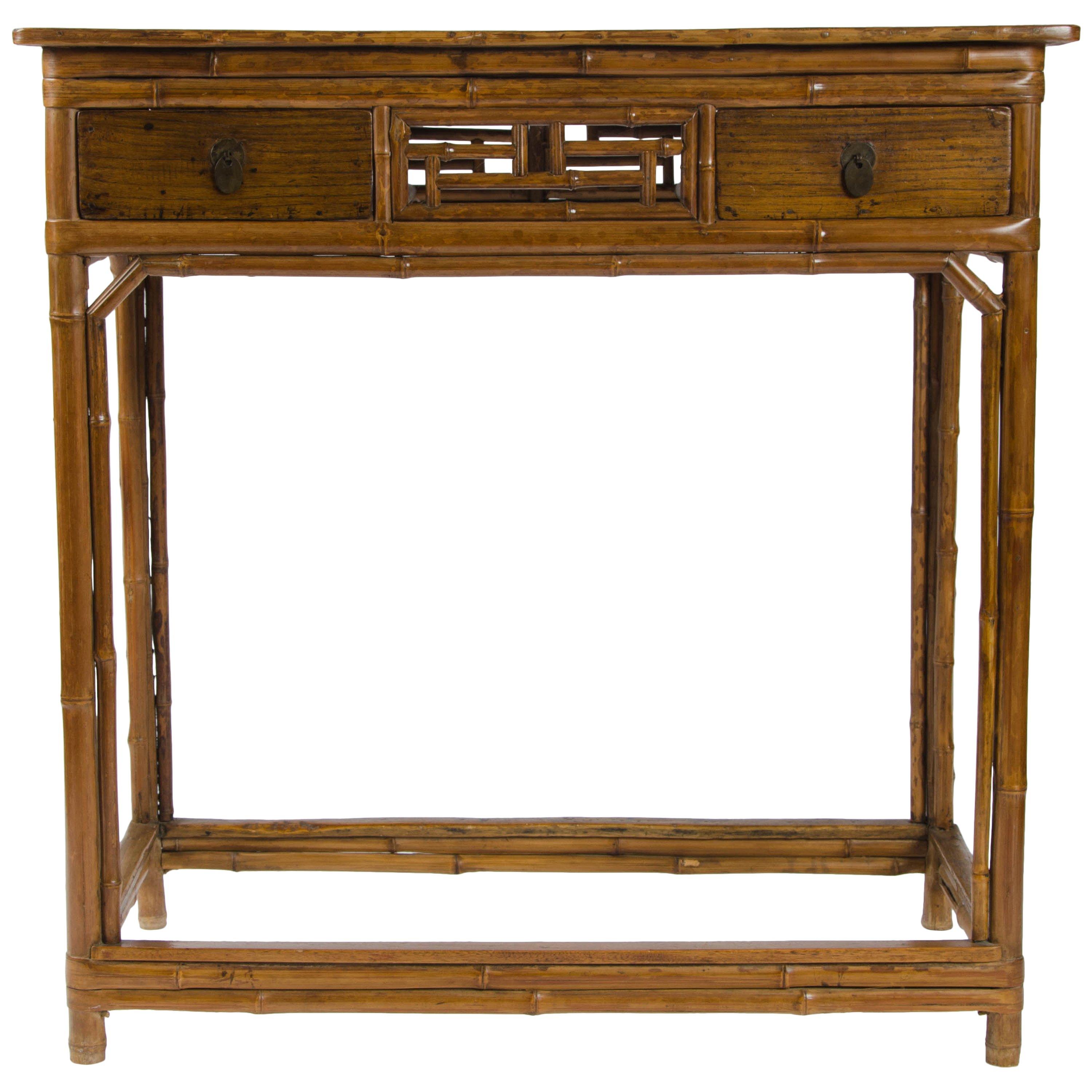 19th Century freestanding Chinese Bamboo Table with two drawers For Sale