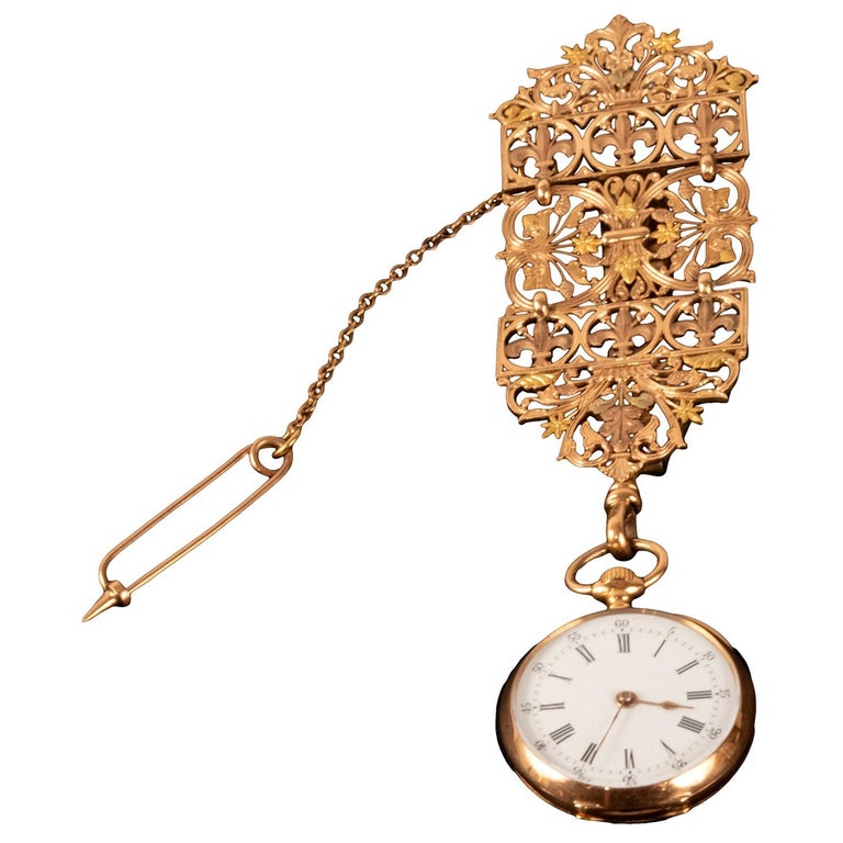 19th Century French 14-Karat Yellow Gold Lapel Watch For Sale