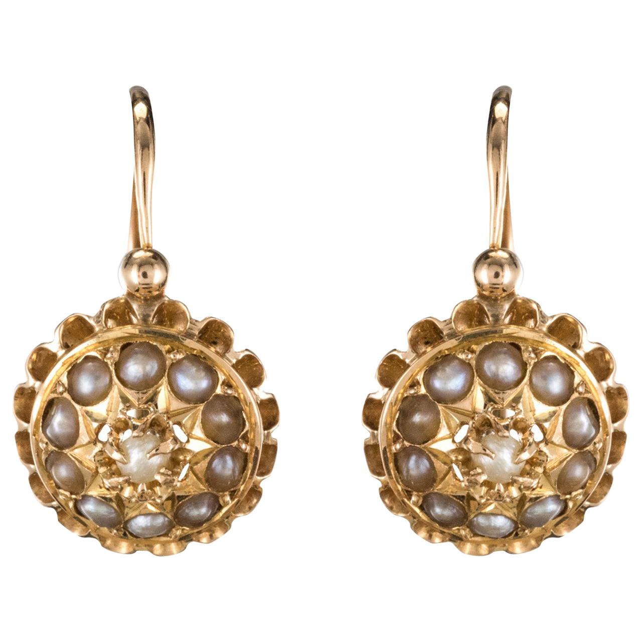 19th Century French 18 KaratsRose Gold Natural ¨Pearl Drop Earrings