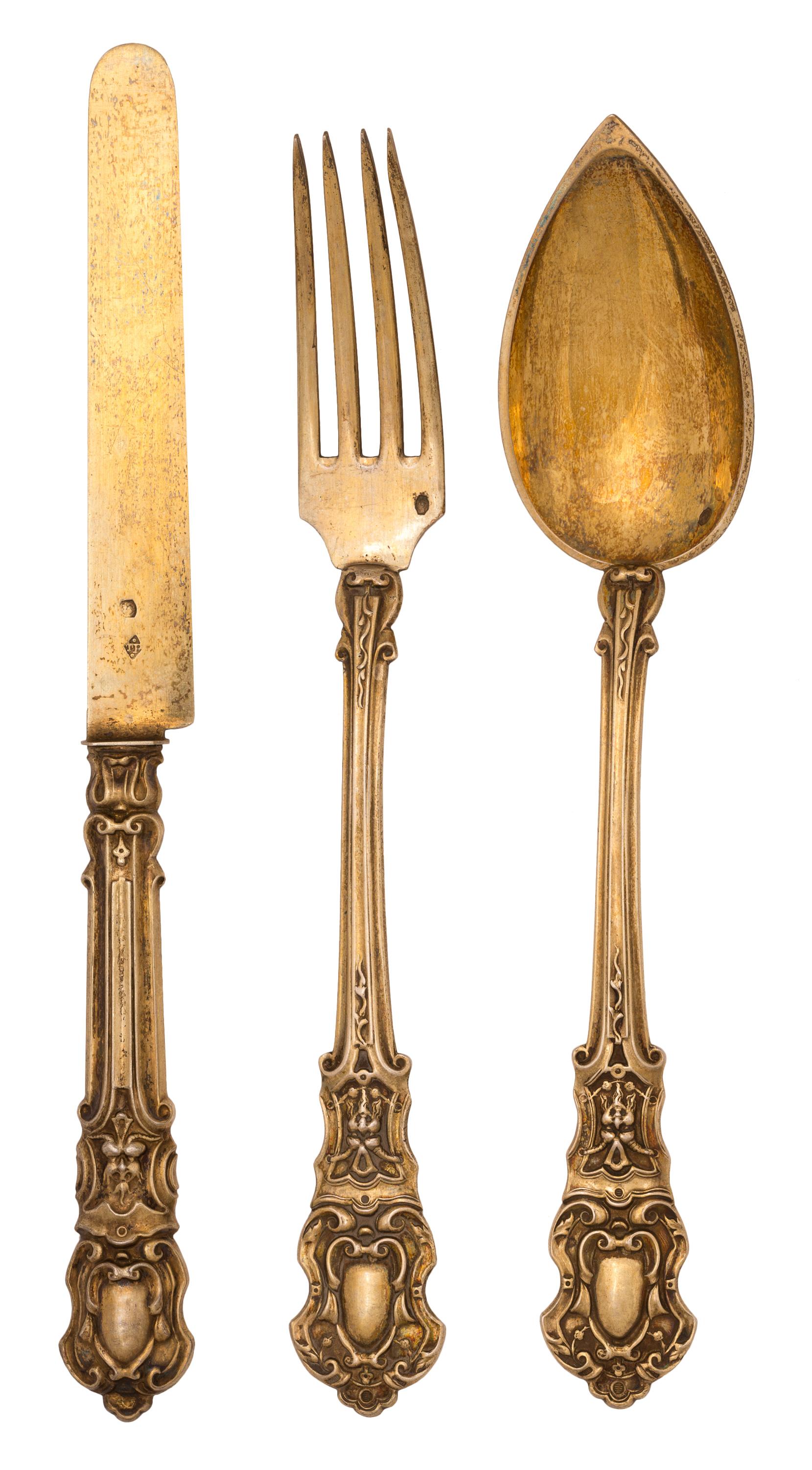 Gilt 19th Century French Silver Vermeil Flatware Dessert Service for Six, 18 Pieces For Sale