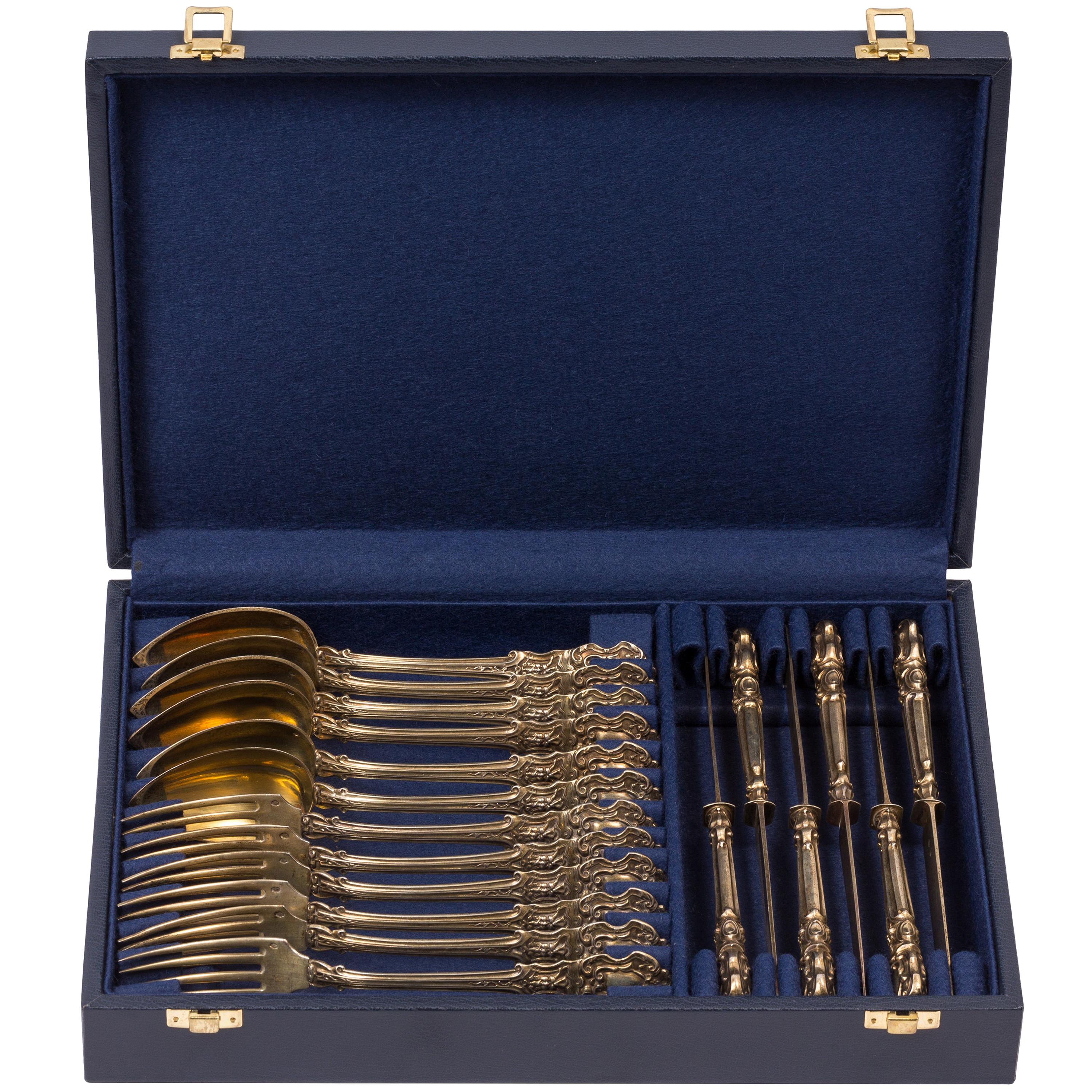 19th Century French Silver Vermeil Flatware Dessert Service for Six, 18 Pieces For Sale