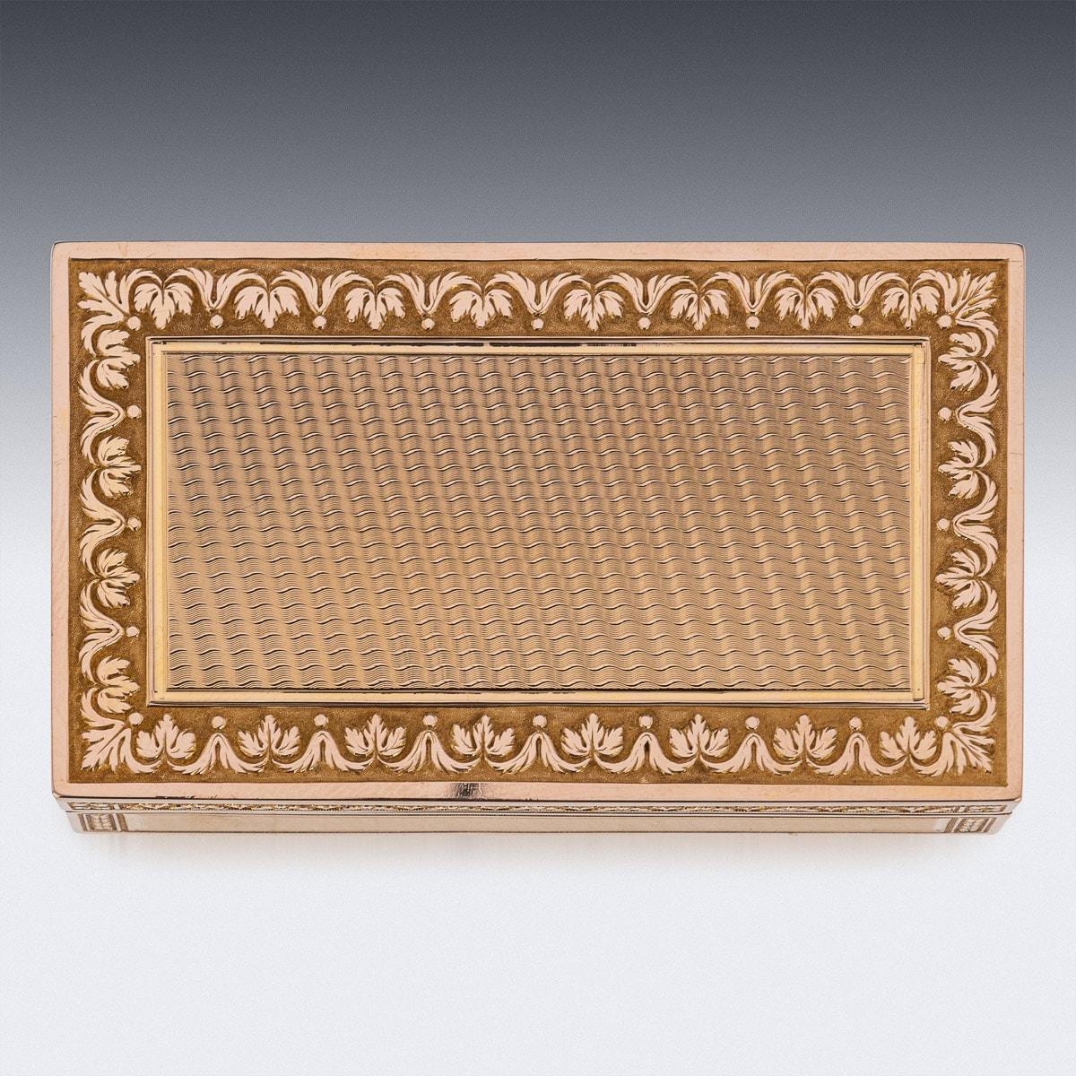 Antique mid-19th century French 18 carat gold snuff box, of traditional form. The base, sides and the cover deorated with engine turning within engraved acanthus leaf borders on matted ground. Hallmarked French Gold (750 standard), Guarantee mark