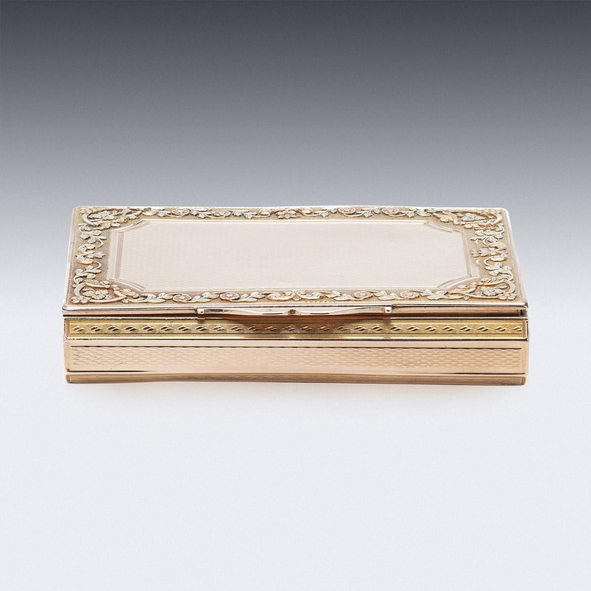 Antique 19th Century French three-colour 18K solid gold snuff box, of rectangular form, sides chased with floral bands on a sablé ground, the central panels with engine-turned decoration and lid mounted with a shaped thumb-piece. Hallmarked with