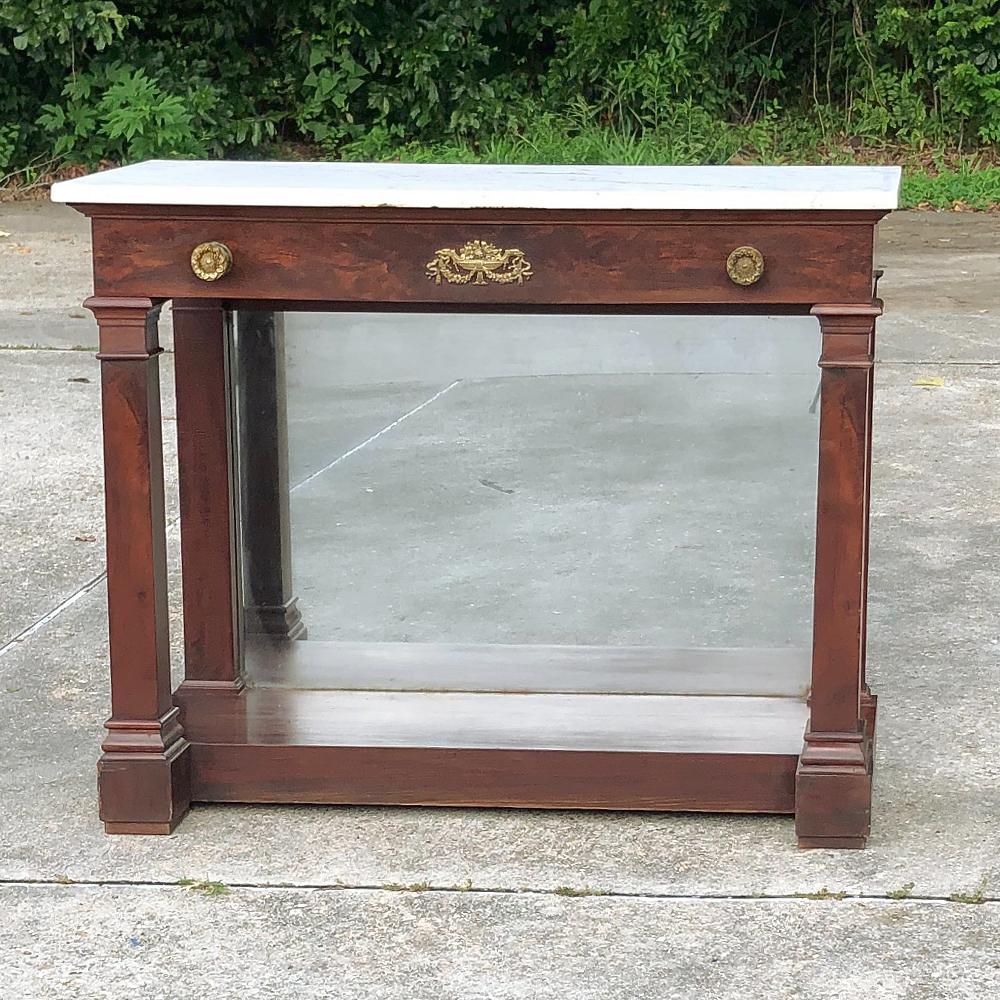 19th century French 2nd Empire Period marble top console was meticulously handcrafted by top artisans during the Golden Age of furniture crafting beginning during the reign of Napoleon III and ending in the Belle Époque. Subtle use of gilded bronze