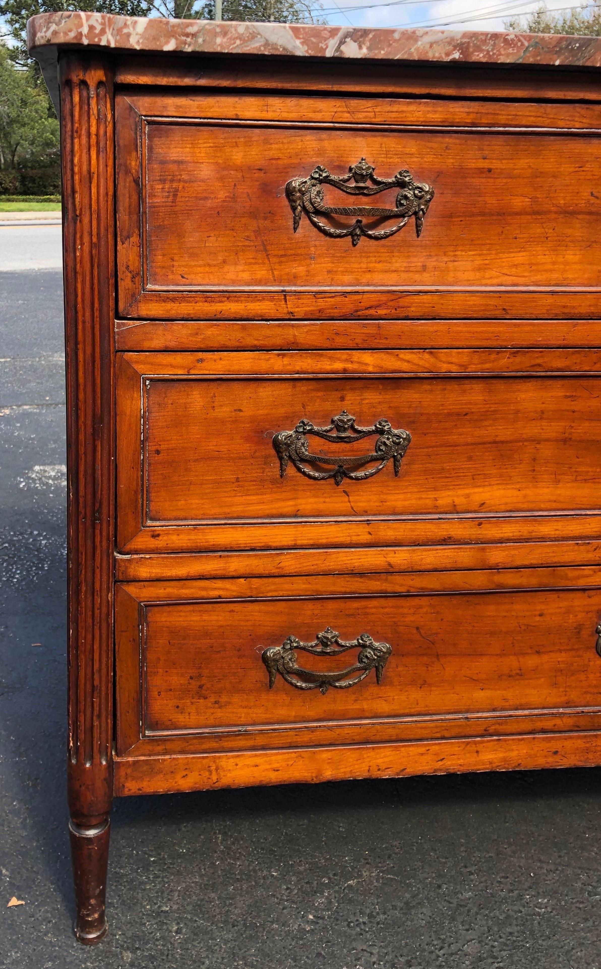 Great 19th century French 3 drawer marble top fruitwood commode