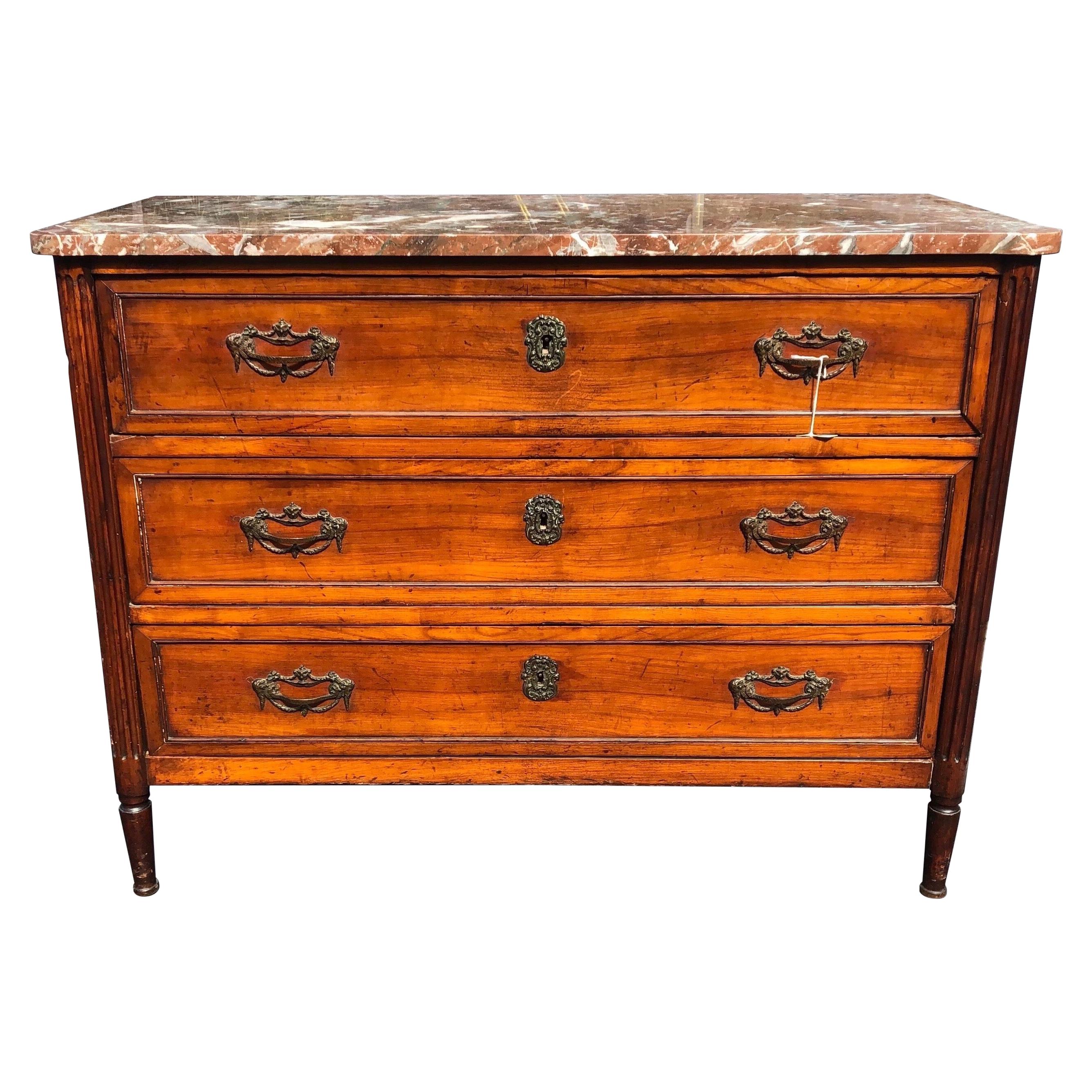 19th Century French 3 Drawer Marble Top Fruitwood Commode