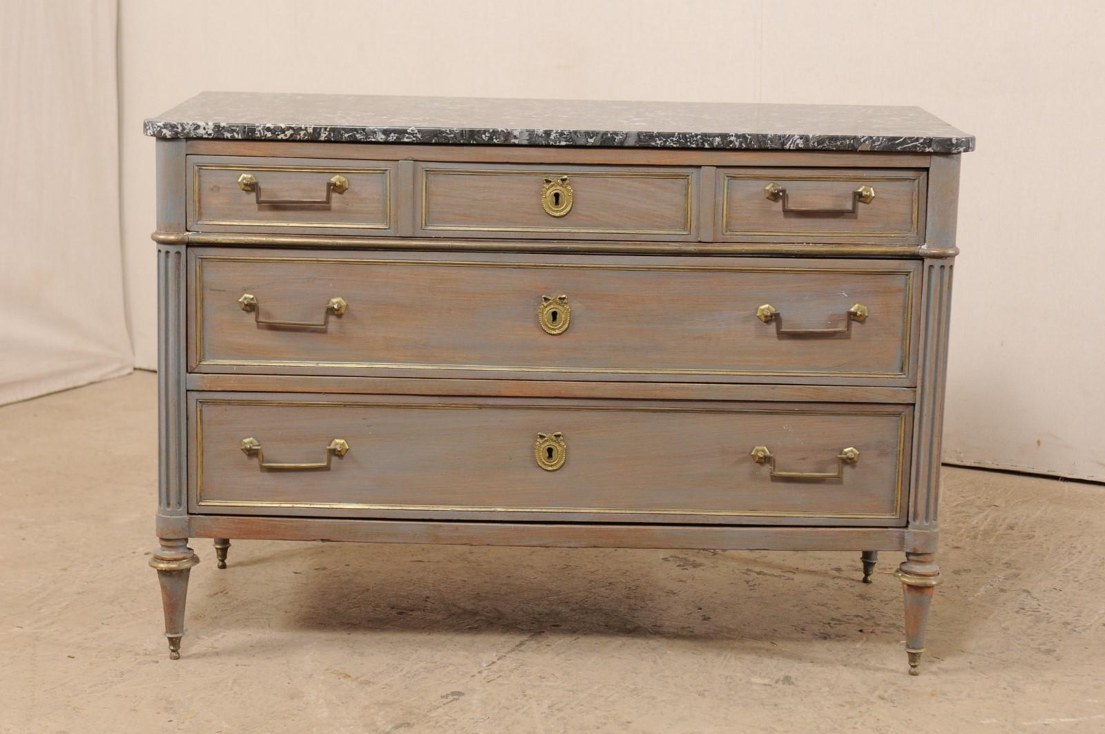 Carved 19th Century French 3-Drawer Marble-Top Painted Wood Chest