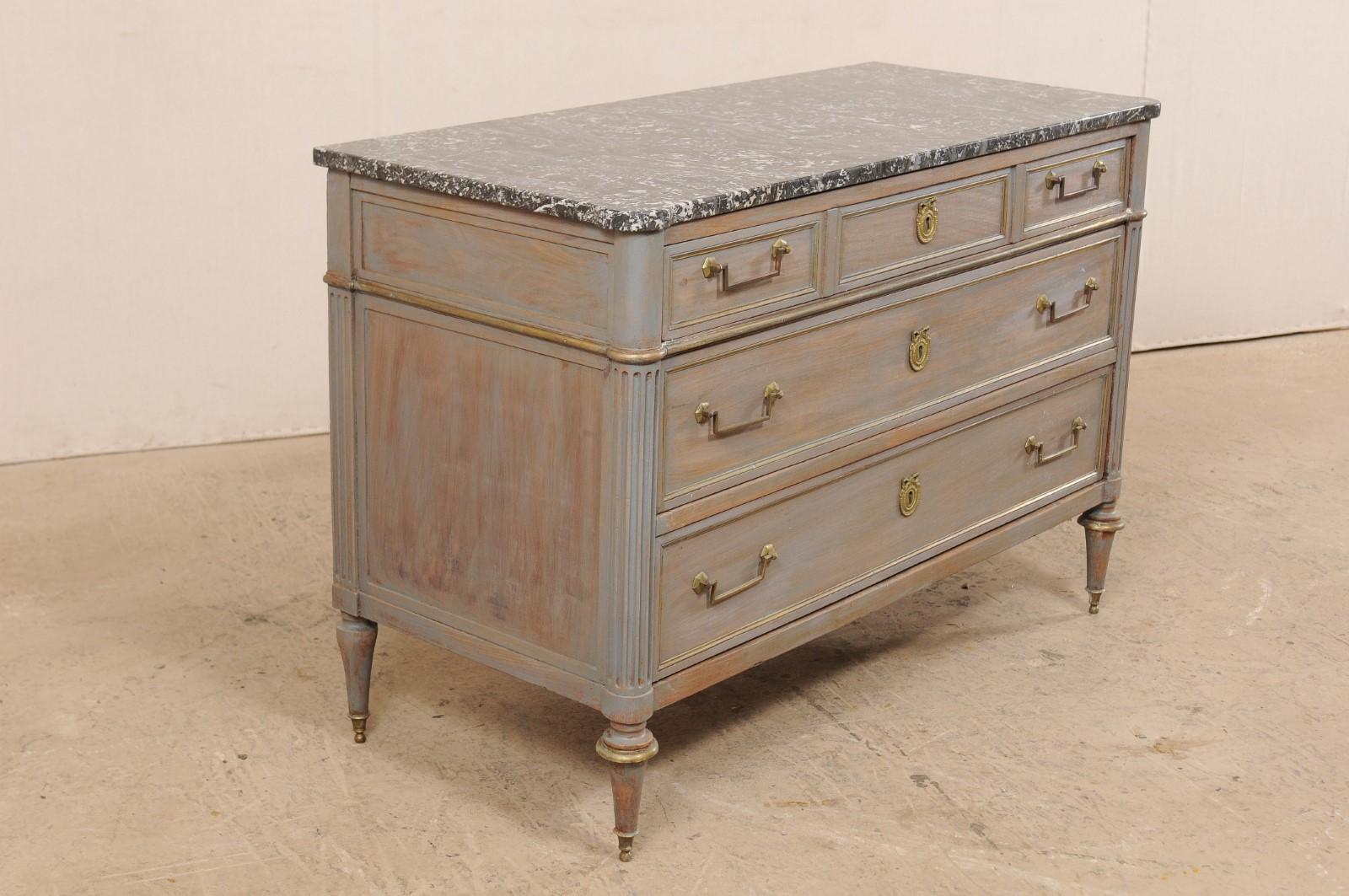 Metal 19th Century French 3-Drawer Marble-Top Painted Wood Chest