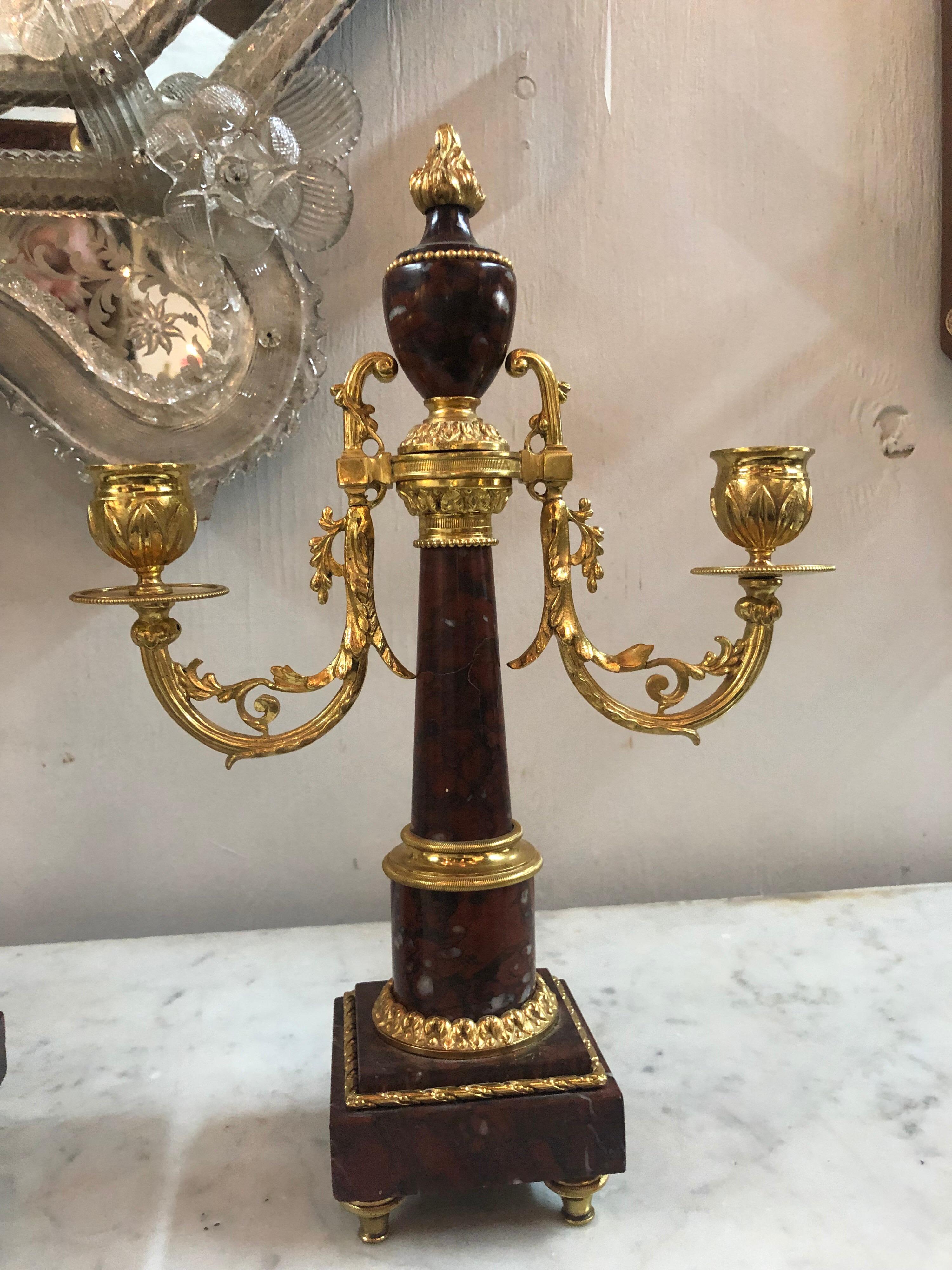 19th Century French 3-Piece Rouge Marble and Bronze Clock Set In Good Condition In Dallas, TX